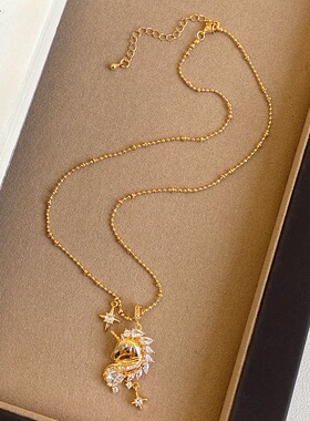 以梦为马~金色闪钻独角兽四芒星吊坠项链女真金电镀千金感锁骨链