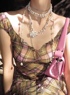 轻奢风珍珠小众高级感锁骨链 珠光花朵贝壳月亮重工珍珠叠戴项链