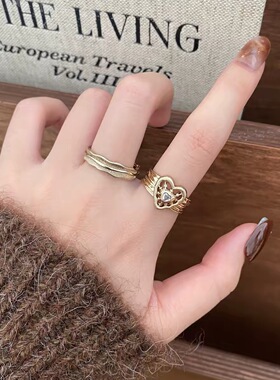 中古轻奢咖金爱心开口戒指女小众设计老钱风指环叠戴重工vintage
