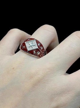 中古风满天星酒红色气质高级感戒指女小众设计黑色滴油指环