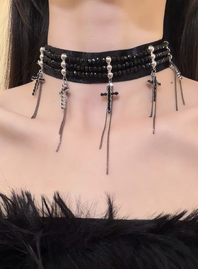 丝绒镶钻十字架流苏项链复古时尚气质颈链小众高级感甜酷百搭项链