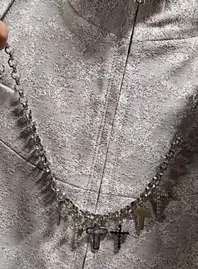 Vintage多重水钻美式复古十字架项链男女小众设计情侣吊坠锁骨链