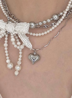 小众设计感 「无序的」白色蝴蝶结珍珠轻奢项链重工多层choker潮