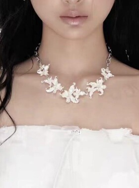 苍白诉说系白鸢尾花项链女小众Choker颈链轻奢花朵夸张毛衣链配饰