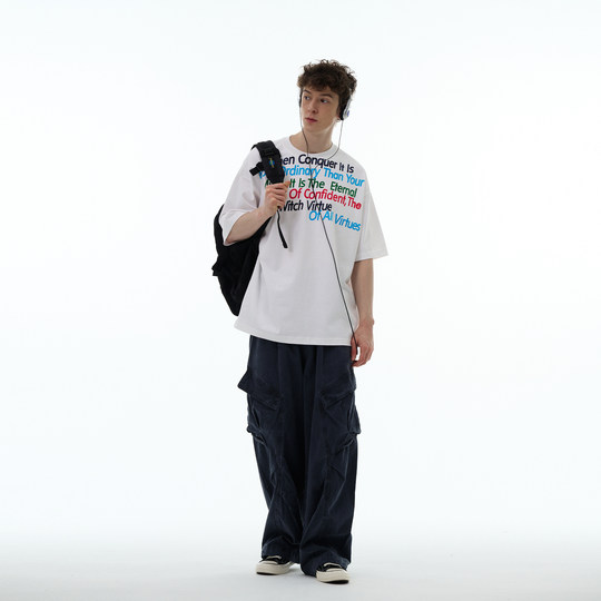 MADWITCH夏季新款美式复古不规则字母印花纯棉短袖设计感宽松T恤