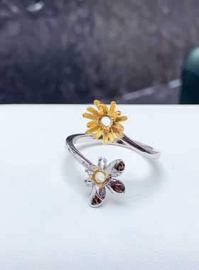 鲜花款彩宝两粒戒指空托小清新