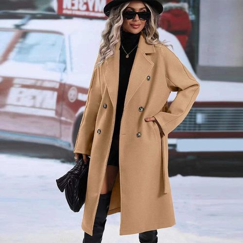 秋冬季亚马逊跨境欧美新款长袖前开口袋长款风衣保暖毛呢 - 图1