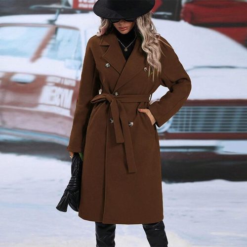 秋冬季亚马逊跨境欧美新款长袖前开口袋长款风衣保暖毛呢 - 图0