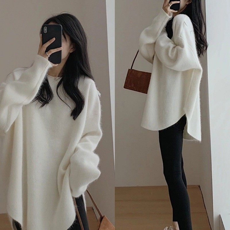 日韩新款慵懒风简约复古针织衫毛衣女秋冬外穿中长款开叉百搭上衣,淘宝优惠券,粉丝福利购,淘宝优惠卷