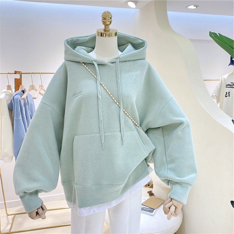 欧美卫衣女加绒加厚秋冬新款拼接假两件韩版刺绣宽松连帽外套,淘宝优惠券,粉丝福利购,淘宝优惠卷