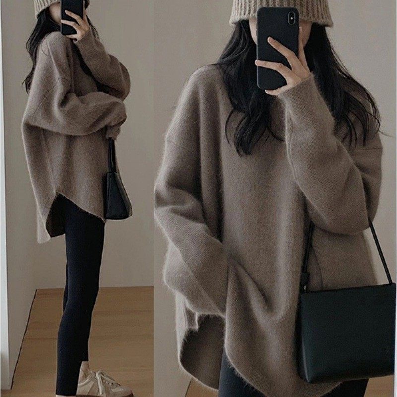 日韩新款慵懒风简约复古针织衫毛衣女秋冬外穿中长款开叉百搭上衣,淘宝优惠券,粉丝福利购,淘宝优惠卷