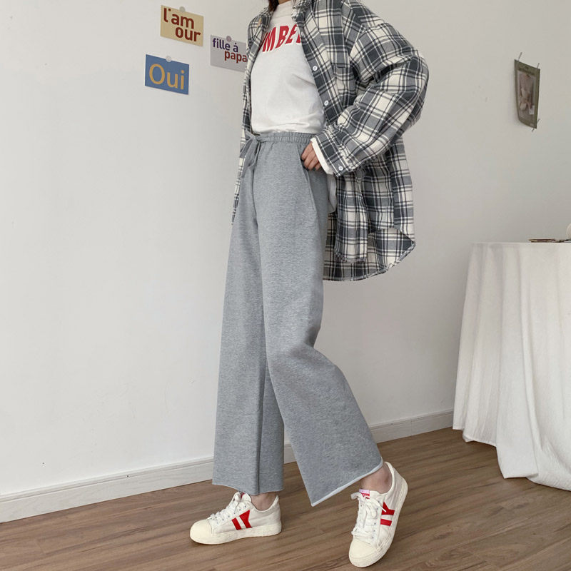 灰色阔腿裤夏季纯棉宽松直筒运动裤 黛沿休闲裤