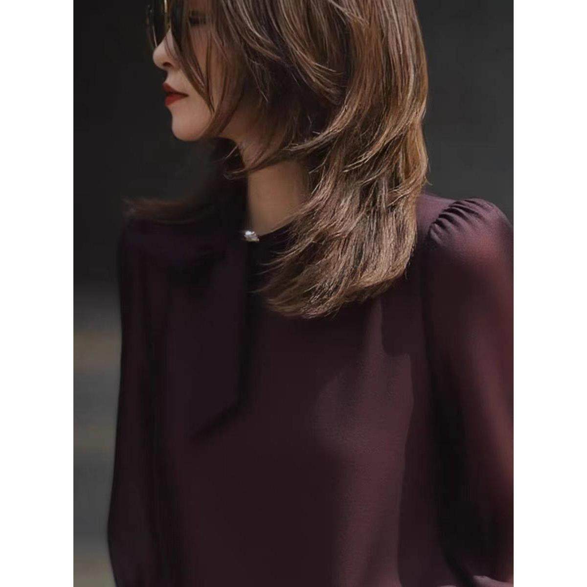 桑蚕丝轻熟风深紫色长袖衬衫女蕾丝拼接袖口真丝衬衣春秋打底上衣,淘宝优惠券,粉丝福利购,淘宝优惠卷