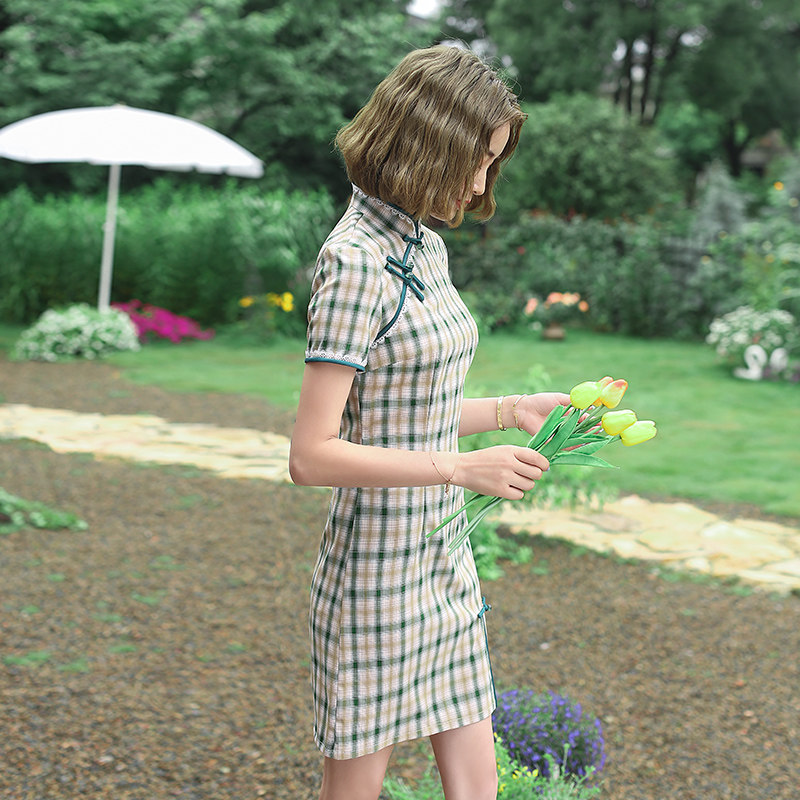 改良旗袍格子短修身性感复古连衣裙 夏宝妮旗袍