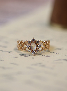 日系新款圣诞戒指 初雪水晶月光石网格蕾丝镂空镀金 小众设计ins