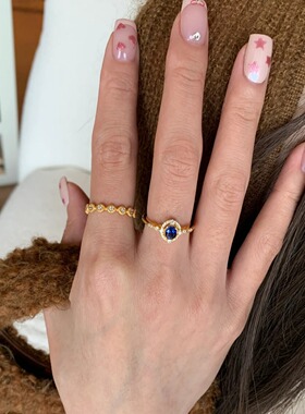 蓝椭圆高仿蓝宝石戒指女镀18k金意式中古风精致时尚轻奢锆石指环