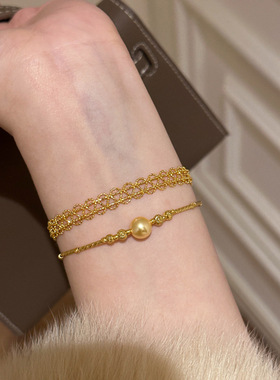 新款编织金色蕾丝手链轻奢感小众珍珠手串女新中式叠戴精致手饰