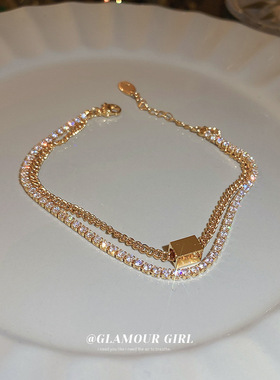 真金电镀方块锆石双层手链轻奢高级感设计手环日韩ins情侣手饰女