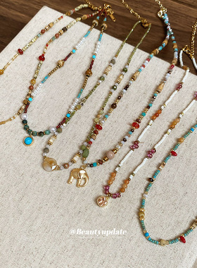 复古民族风风小象图画石玻璃几何串珠项链个性简约锁骨链小众项饰