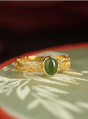 古法金花丝玉髓戒指女时尚高级镀金色食指戒送妈妈生日礼物