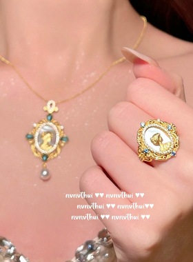 古巴比伦女神贝母宝石项链织纹雕金镀18k金 蜂巢女神锆石珍珠