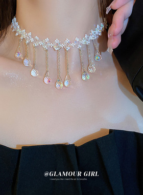 欧美小众设计感人造水晶款流苏项链网红潮流颈链时尚气质新款项饰