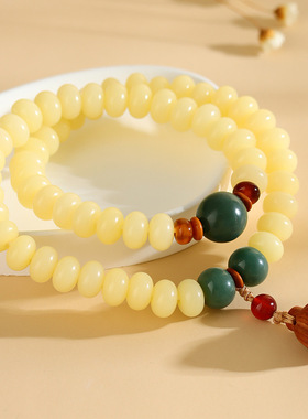 奶油黄玉化菩提根苹果珠双圈手链新中式佛珠文玩男女莲蓬手串