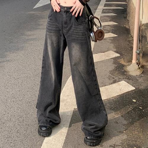 美式复古阔腿牛仔裤女秋季新款高腰宽松遮肉显瘦直筒垂感拖地裤子 - 图0