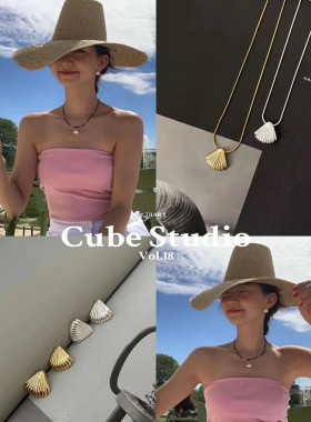 韩版小众贝壳项链女简约洋气扇子项链锁骨链同款耳环145