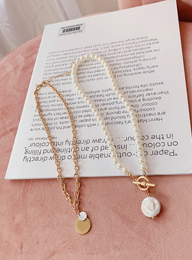 东大门韩国双层叠戴圆牌珍珠项链