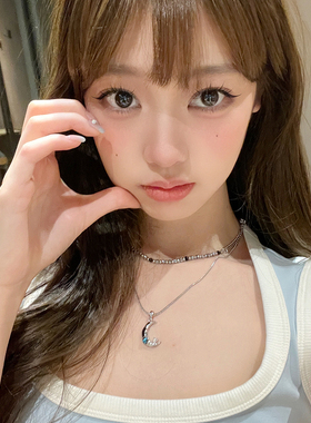 月亮吊坠双层链钛钢项链锁骨链女