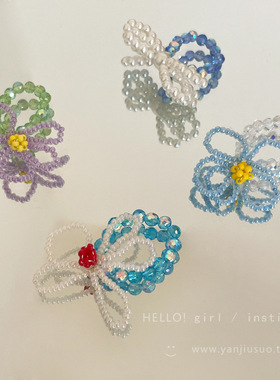 【7柒seven】彩色水晶花朵串珠戒指女小众设计可爱甜美指环食指