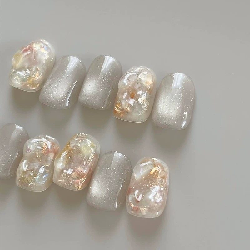 [琥珀晶石]ins日系短款小众猫眼立体造型金箔贝壳纯手工穿戴甲片,淘宝优惠券,粉丝福利购,淘宝优惠卷