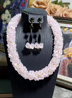 中古vintage 复古铜镀真金重工欧美琉璃花滴釉水晶项链耳环