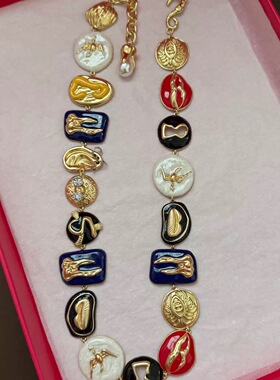 青岛中古vintage饰品镀真金镶钻珐琅彩夏帕五官项链设计感项链