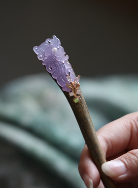 茶服原创盘发小花木簪子檀木古风