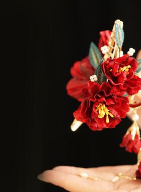 红色山茶花抓夹汉服头饰发抓中式