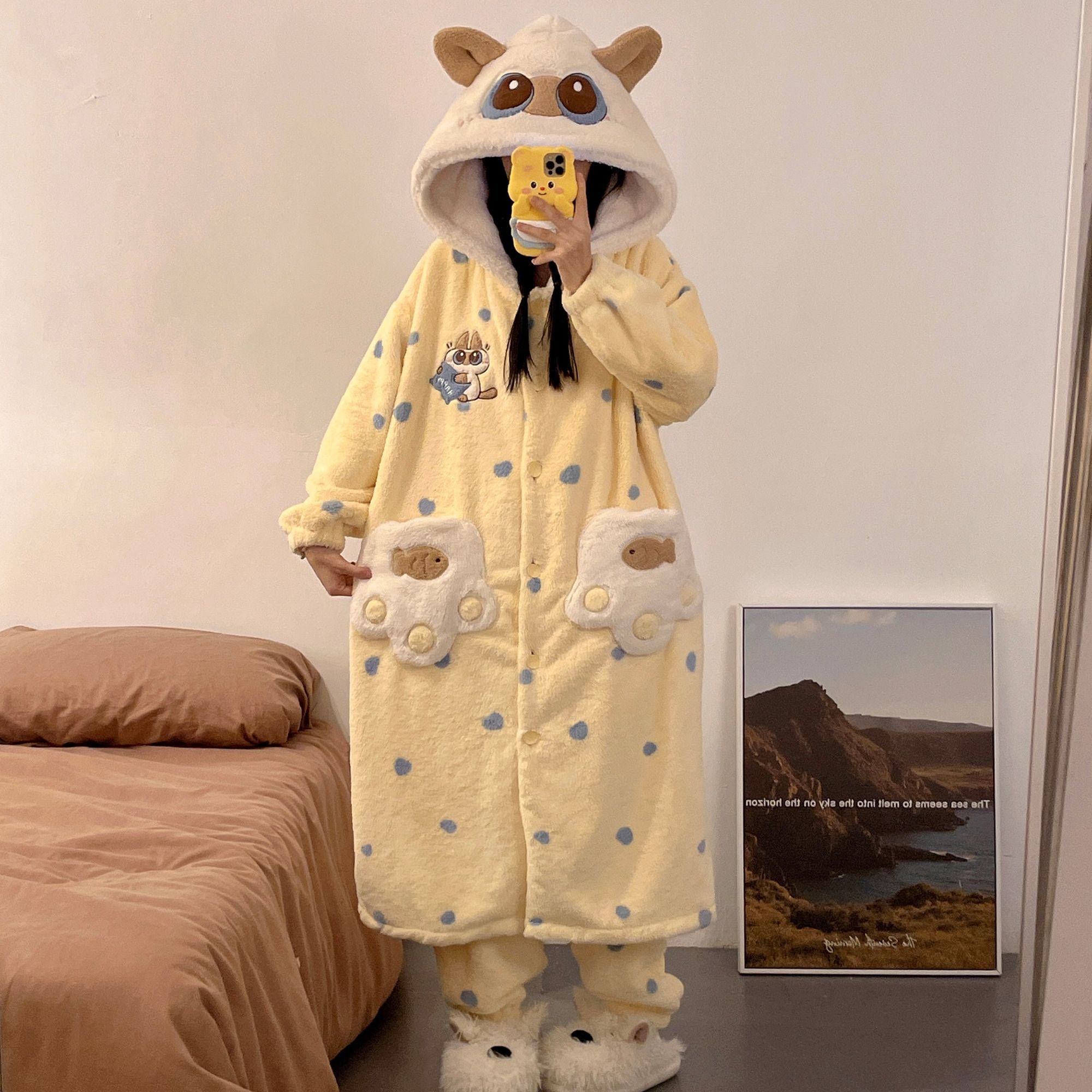 暹罗猫小豆泥珊瑚绒加绒加厚冬季睡袍女卡通可爱睡衣家居服可外穿 - 图3