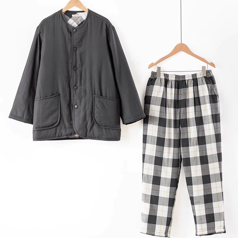 专柜同款无印夹棉睡衣女秋冬季棉服可外穿纯棉双层纱家居服套装男