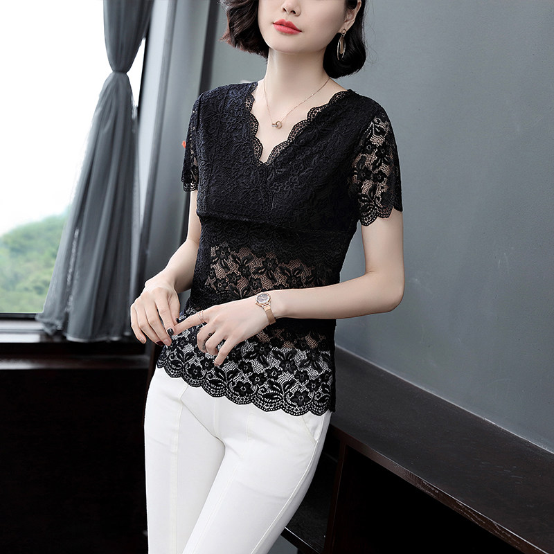 欧货蕾丝衫短袖2023新款v领t恤 姿芙尼蕾丝衫/雪纺衫
