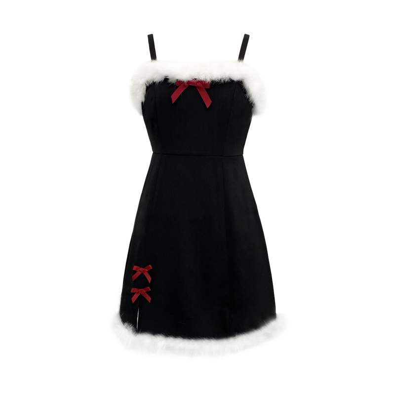 Ms XIDU 黑色吊带连衣裙女短款气质显瘦毛绒圣诞节可爱短裙套装冬