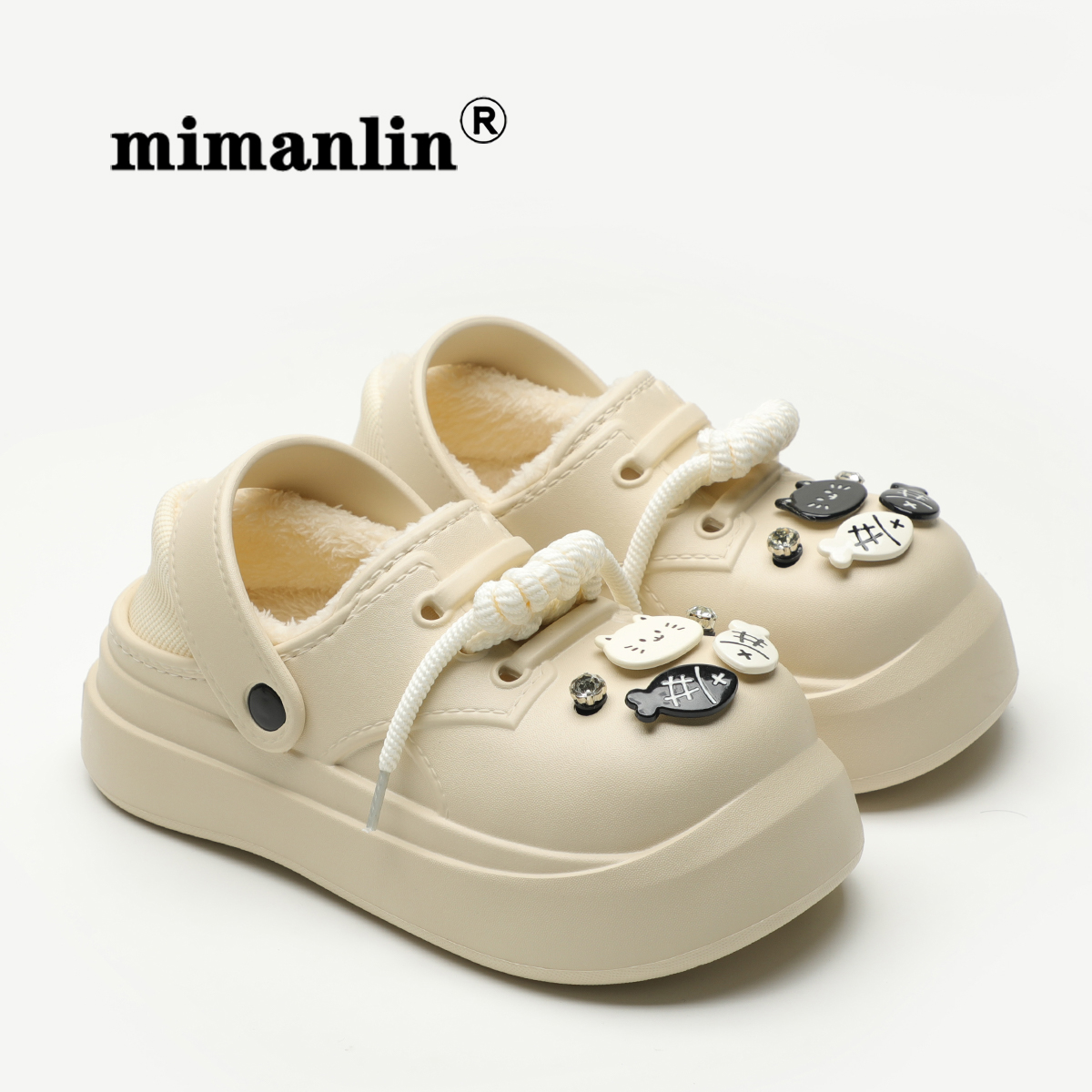 米曼琳可爱厚底棉拖鞋女冬加绒外穿防滑防水棉鞋2024新款洞洞鞋子 - 图0