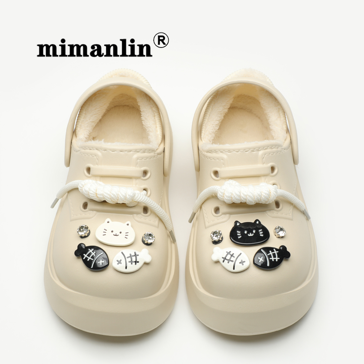 米曼琳可爱厚底棉拖鞋女冬加绒外穿防滑防水棉鞋2024新款洞洞鞋子 - 图1