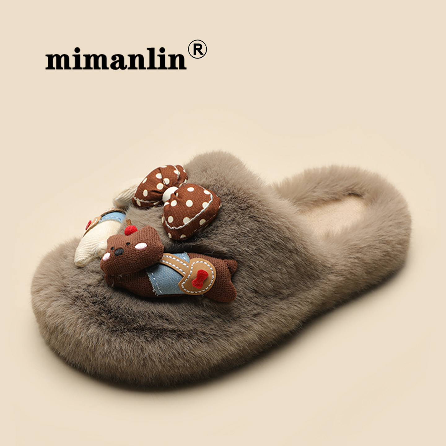 小熊毛毛拖鞋女秋冬居家保暖可爱加绒卡通蝴蝶结防滑软萌包头棉拖,淘宝优惠券,粉丝福利购,淘宝优惠卷