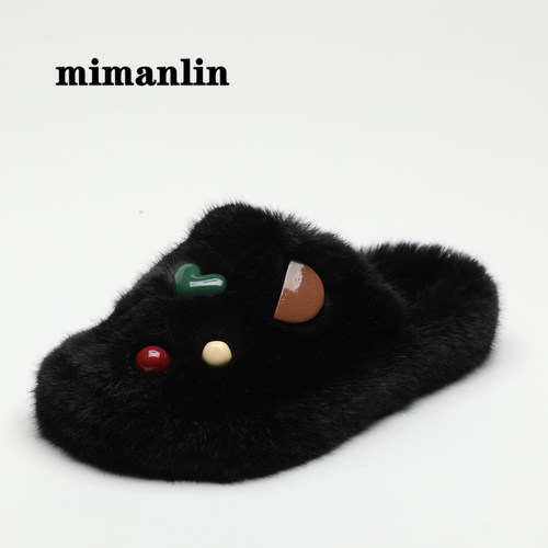 纽扣毛毛拖鞋女外穿秋冬季时尚网红室内居家防滑软底毛绒包头棉拖 - 图3