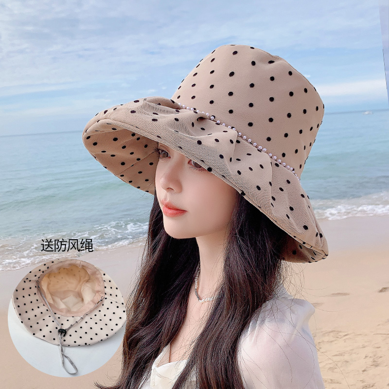 渔夫帽女夏季防晒防紫外线珍珠波点帽子可折叠百搭海边薄款遮阳帽