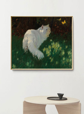 中古VINTAGE绿色油画小猫动物装饰画芯草地蝴蝶客厅卧室儿童房