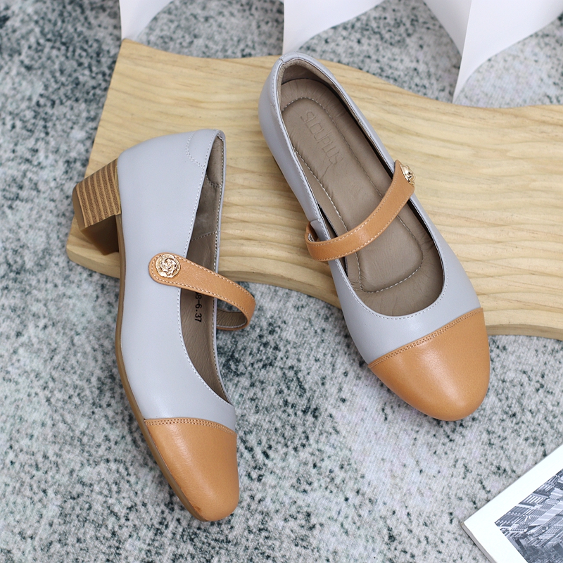 慢先森女鞋  气质时装玛丽珍撞色香风低跟一脚蹬浅口单鞋 938-6 - 图0