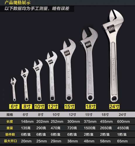 纯钢活动扳手活口高碳钢美式活络扳手锻打开口扳子8101215寸刻度 - 图0