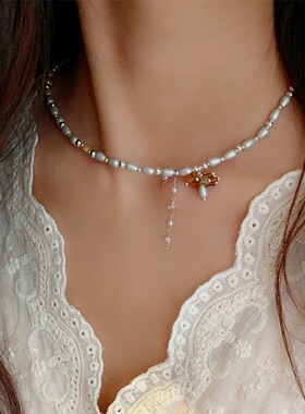 复古朦胧琉璃珠加捷克锁骨链灵动流苏吊坠简约项链原创设计颈链